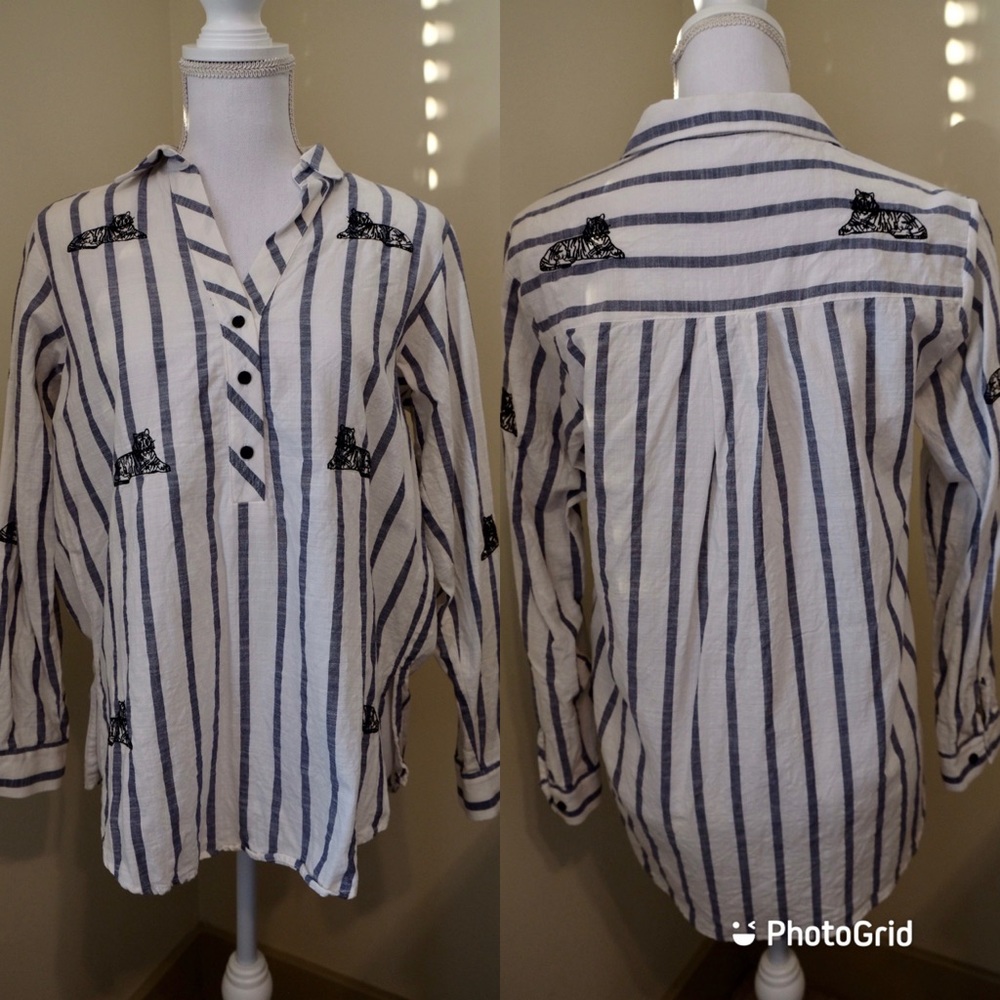 ZARA | Blue and White Embroidered Shirt with Tiger